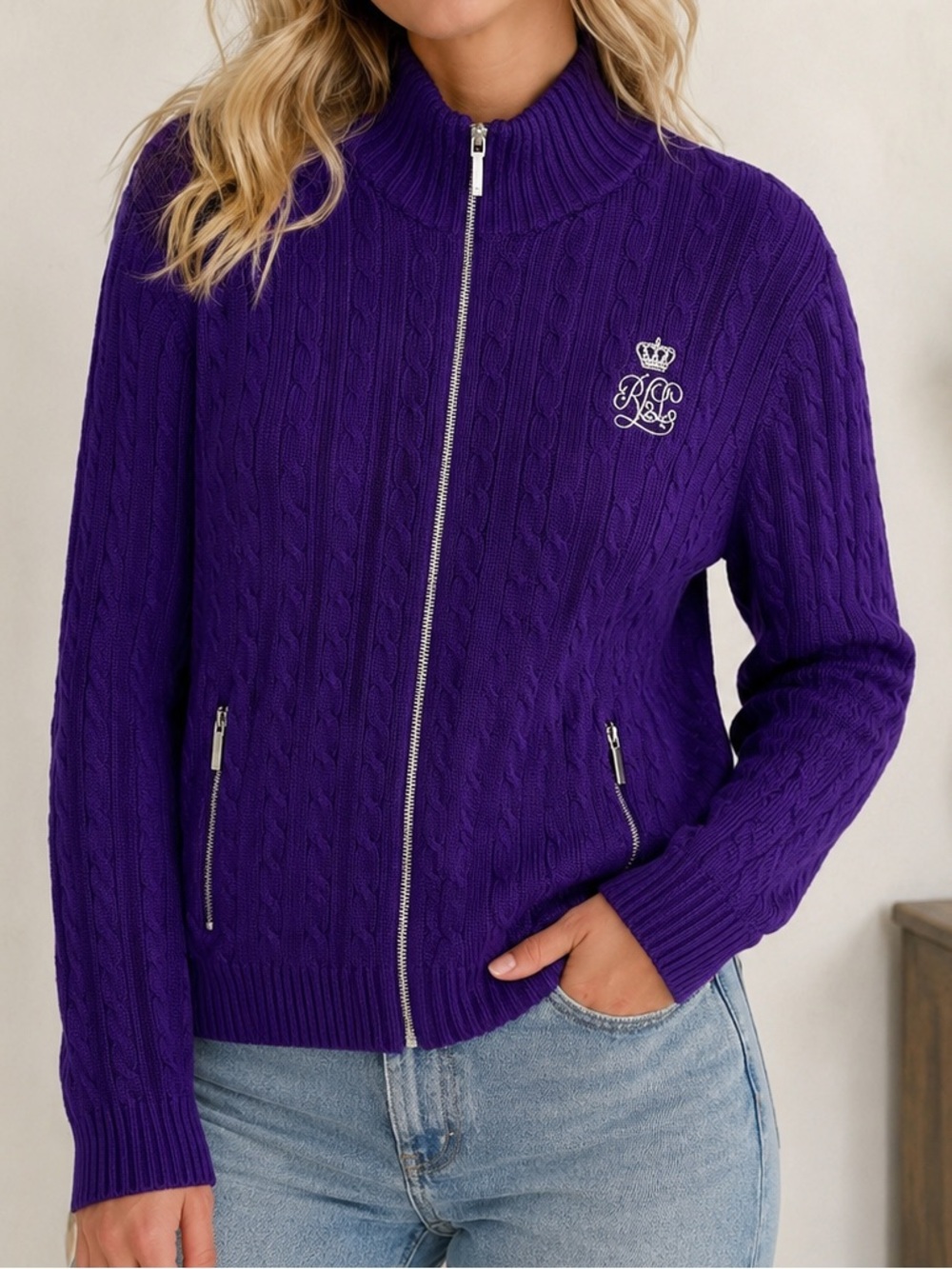 Lauren Ralph Lauren purple cable knit zip-up sweater